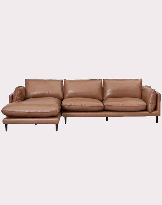 Brighton 4 Seater Left Chaise Leather Sofa - Caramel Brown